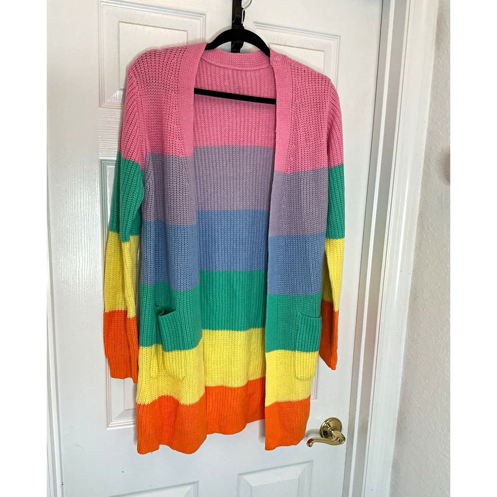 Women Colorblock Striped Open Front Knit Acrylic Cardigan Sweater w/ Pockets